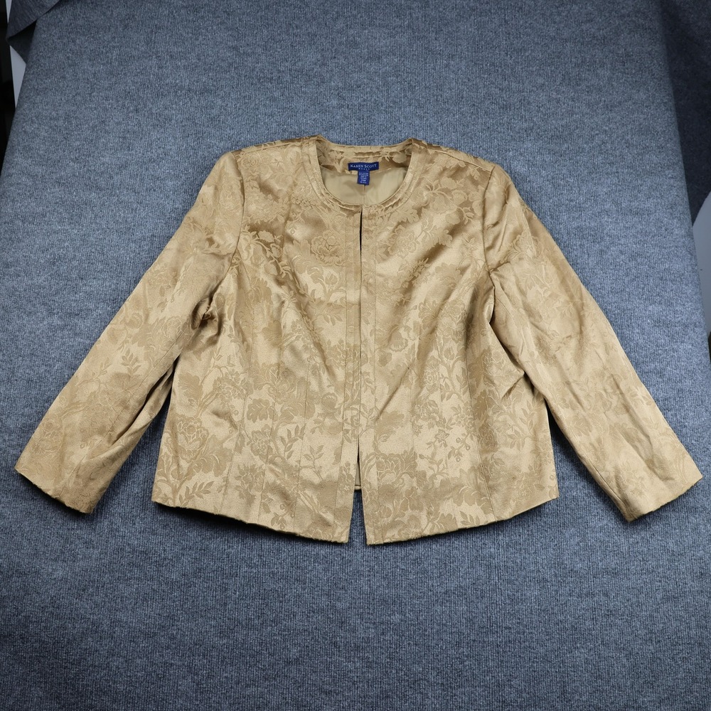 Karen Scott Blazer Jacket Womens 24W Gold Floral Jacquard‎ Collarless Open Front